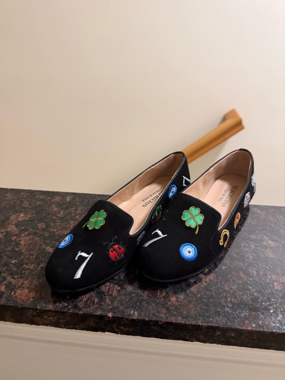 Nicky Hilton x French Sole Lucky Embroidered Black Suede Flats Size 6